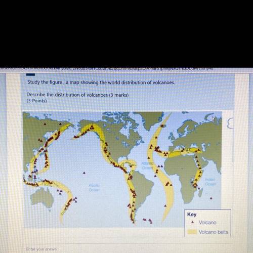 Study the figure, a map showing the world distribution of volcanoes.

Describe the distribution of