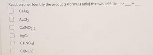 Reaction one: Identify the products (formula only) that would fill in --->__+ CaAg2 AgCl2 Ca(NO3