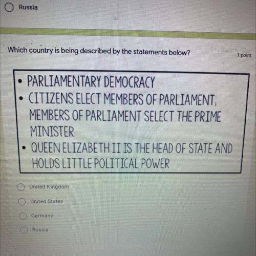 Which country is being described by the statements below?

 
1 point
.
O
PARLIAMENTARY DEMOCRACY
CI