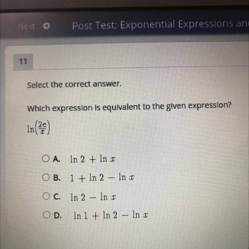 Which expression is equivalent to the given expression? In(2e/x)