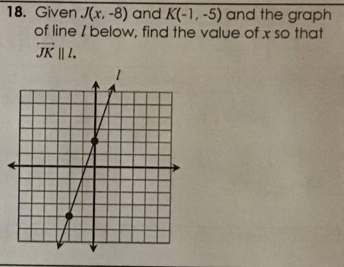 Given J(x, -8) and K(-1, -5) and the graph of line l below, find the value of x so that line JK is