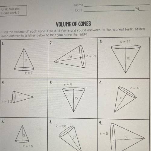 Find the volume of each cone. Use 3.14 for it and round answers to the nearest tenth. Match

each