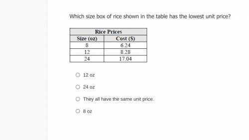 Which size box of rice shown in the table has the lowest unit price?