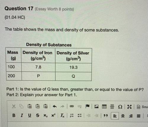 The table shows the mass and density of some substances.

Density of Substances
Mass 
(g)Density