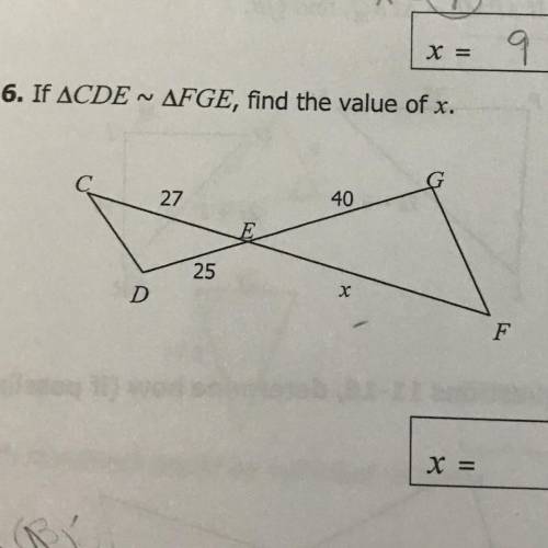 If CDE ~ FGE, find the value of x.