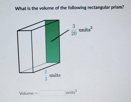 What is the volume of the following rectangular prism? 3/20 2/3 units? 20 2

PLEASE HELP AND DONT
