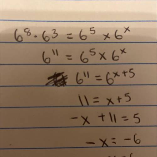 6^8 x 6^3 = 6^5 x 6^x
Find the value of x Can you help me