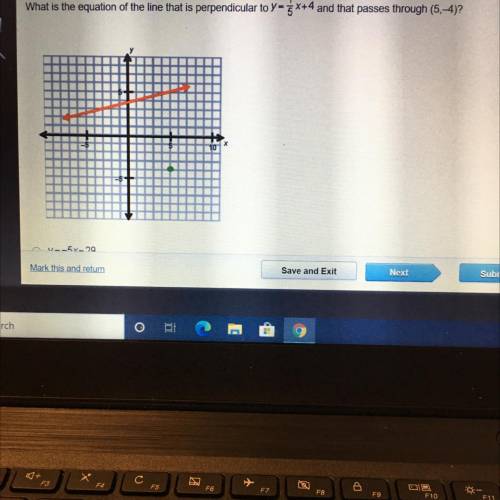 What is the equation of the line that is perpendicular to y=1/5x+4 and that passes through (5,—4)?