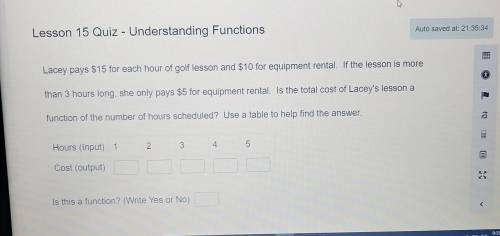 Help Me, Now! Lacey pays $15 for each hour of golf lesson and $10 for equipment rental. if the less
