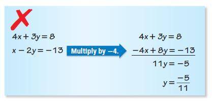 Describe the error in solving for one of the variables in the linear system 4x+3y=8 and x−2y=−13.