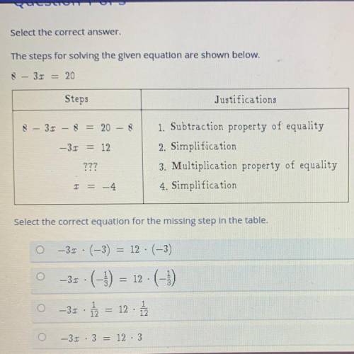 Select the correct answer.

The steps for solving the given equation are shown below.
8 - 31 = 20