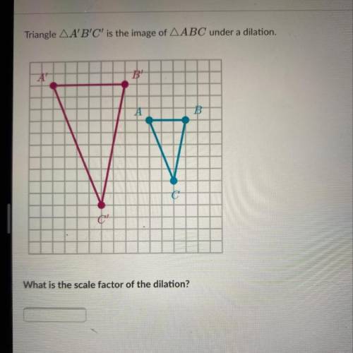 Please help!!!

Triangle AA'B'C' is the image of AABC under a dilation.
What is the scale factor o