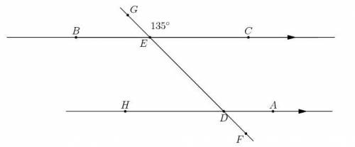 Yep here we go again:

 
In the diagram below lines HA and BC are parallel. If angle GEC = 135 what