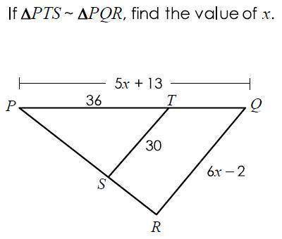 HELP NEEDED - If triangle PTS is congruent to triangle PQR, find the value of x?