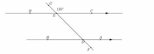 In the diagram below lines HA and BC are parallel. If angle GEC = 135 degrees, then what is angle D