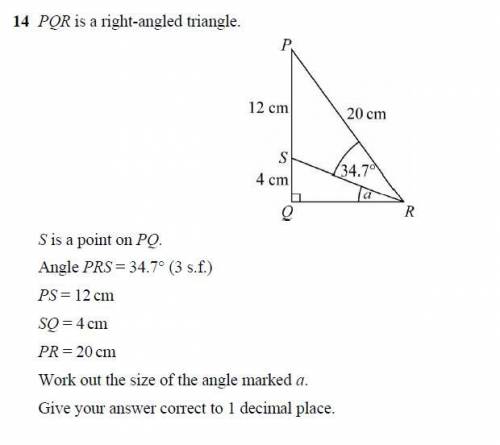 PQR is a right angled triangle s is a point on pq angle prs= 34.7 degrees ps=12 cm sq=4 cm pr=20cm