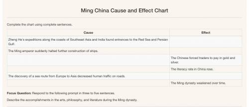 Need help asap!

08.03 Ancient Asia and Africa - Ming China
This is a cause and effect chart I nee