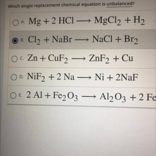 Which single replacement chemical equation is unbalanced￼? HELP PLS!!!