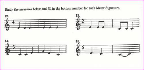Study The measures below and fill in the bottom number for each meter signature
