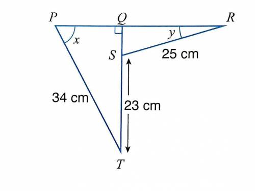 The diagram shows two right-angled triangles. PQR and QST are straight lines. It is given that sin
