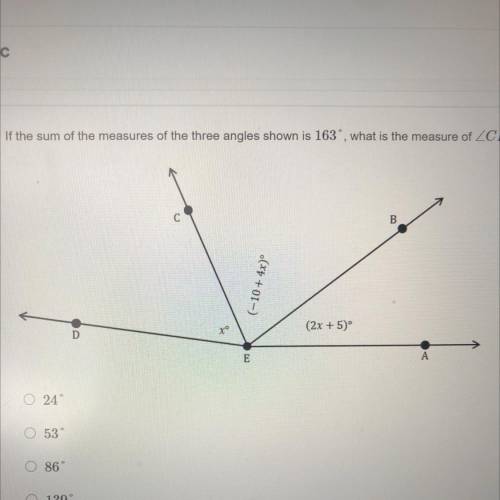 If the sum of the measures of the three angles shown is 163°, what is the measure of ZCEB? I need h