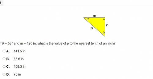 If = 58° and m = 120 in, what is the value of p to the nearest tenth of an inch?