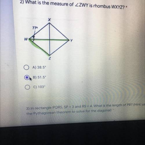 What is the measure of ZZWY is rhombus WXYZ? *