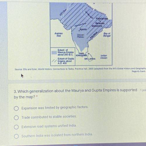 3. Which generalization about the Maurya and Gupta Empires is supported 1 point
by the map? *