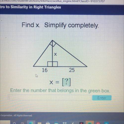 Find x. Simplify completely.

x = [?]
Enter the number that belongs in the green
Please helppp