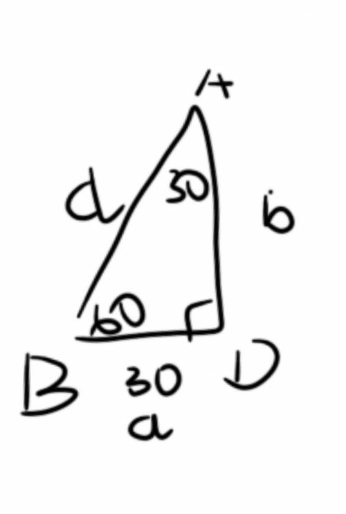 If angle DAB is 30 degrees, angle ABD is 60 degrees, and line segment BD has a length of 30, what is