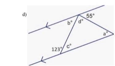 Please help this is due today!

Calculate the unknown missing angle measures.
Do not answer this w