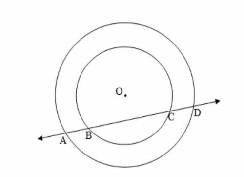 If a line intersects two concentric circles ( circles with the same center ) with center O at

A,