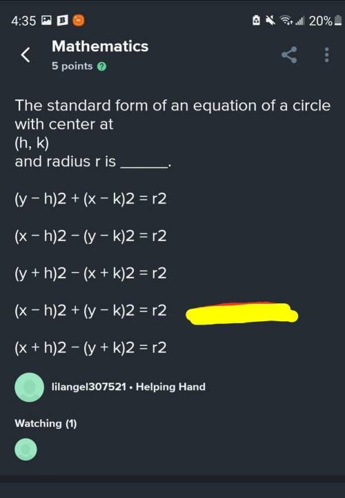 The standard form of an equation of a circle with center at

(h, k)
and radius r is .
(y − h)2 + (x