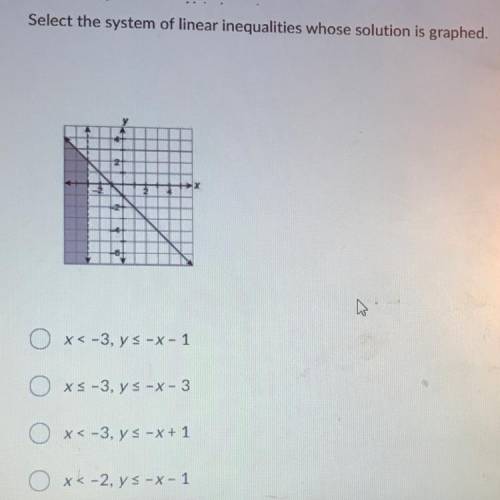 Select the system of linear inequalities whose solution is graphed.

Oxc-3, ys-x-1
Oxs-3, ys-x-3
x