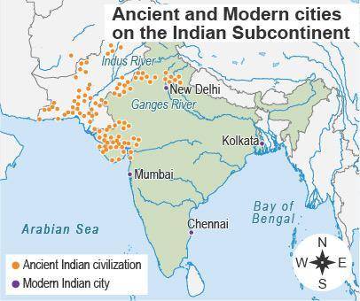 The map shows ancient and modern cities in the Indian subcontinent.
 

How do the locations of mode