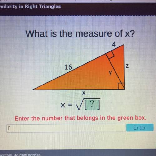 What is the measure of x?
X =
Enter the number that belongs in the green box.