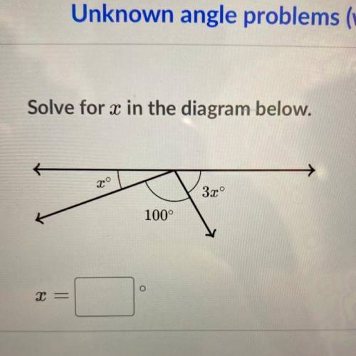 Unknown angle problems (with algebra)

Solve for x in the diagram below.
20
3.cº
100°
O
T =