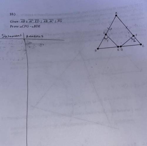 Please help!!! I already asked 3 times

Given: AB is congruent to AC, ED is perpendicular to AB, A