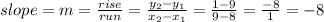 slope=m=\frac{rise}{run} =\frac{y_2-y_1}{x_2-x_1} = \frac{1-9}{9-8} =\frac{-8}{1} =-8
