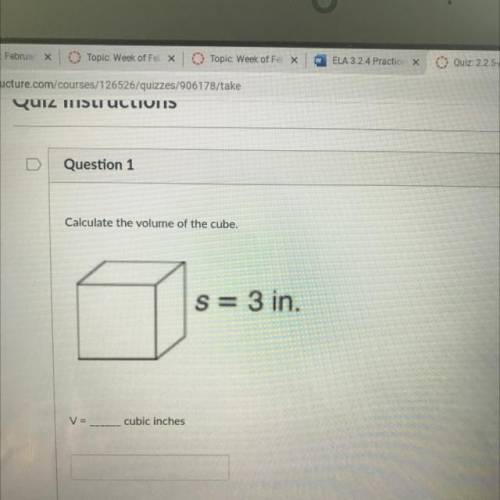 Calculate the volume of the cube.
S = 3 in.
V=
cubic inches
Plz help