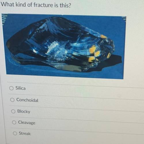 What kind of fracture is this?

O Silica
O Conchoidal
O Blocky
O Cleavage
O Streak