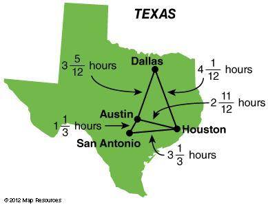 The following map shows the time it takes to drive between four cities in Texas. Jacob has to drive