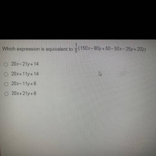 Which expression is equivalent to 1/5(150x-80y+50-50x-25y+20)