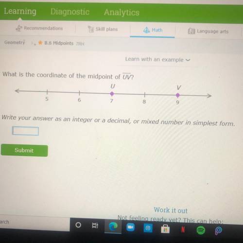 What is the coordinate of the midpoint of UV?

Write your answer as an integer or a decimal, or mi