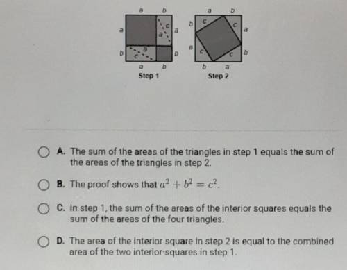 These two images show steps in a proof of the pythagorean theorem. Which of the following statement