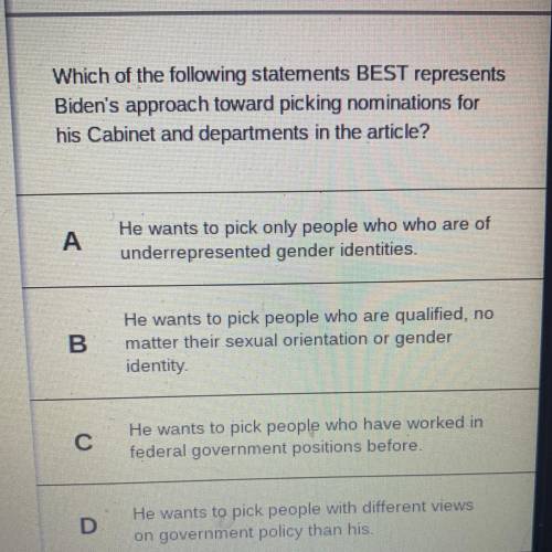 Which of the following statements BEST represents

Biden's approach toward picking nominations for