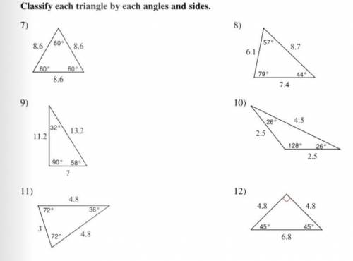 Please help me label each triangle based on its angles and sides.
