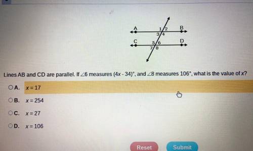 Lines AB and CD are parallel. If 26 measures (4x - 34), and 28 measures 106°, what is the value of