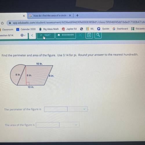 PLSS HELP ASAP

8
Find the perimeter and area of the figure. Use 3.14 for pi. Round your ans