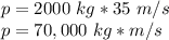p= 2000 \ kg * 35 \ m/s \\p= 70,000 \ kg*m/s